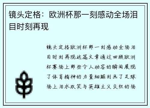 镜头定格:欧洲杯那一刻感动全场泪目时刻再现 镜头定格:欧洲杯那一刻感动全场泪目时刻再现
