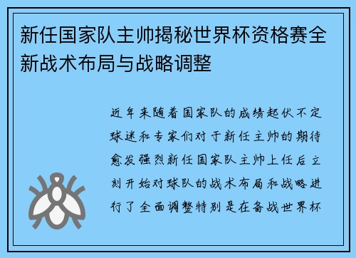 新任国家队主帅揭秘世界杯资格赛全新战术布局与战略调整