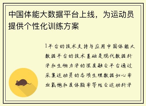 中国体能大数据平台上线，为运动员提供个性化训练方案